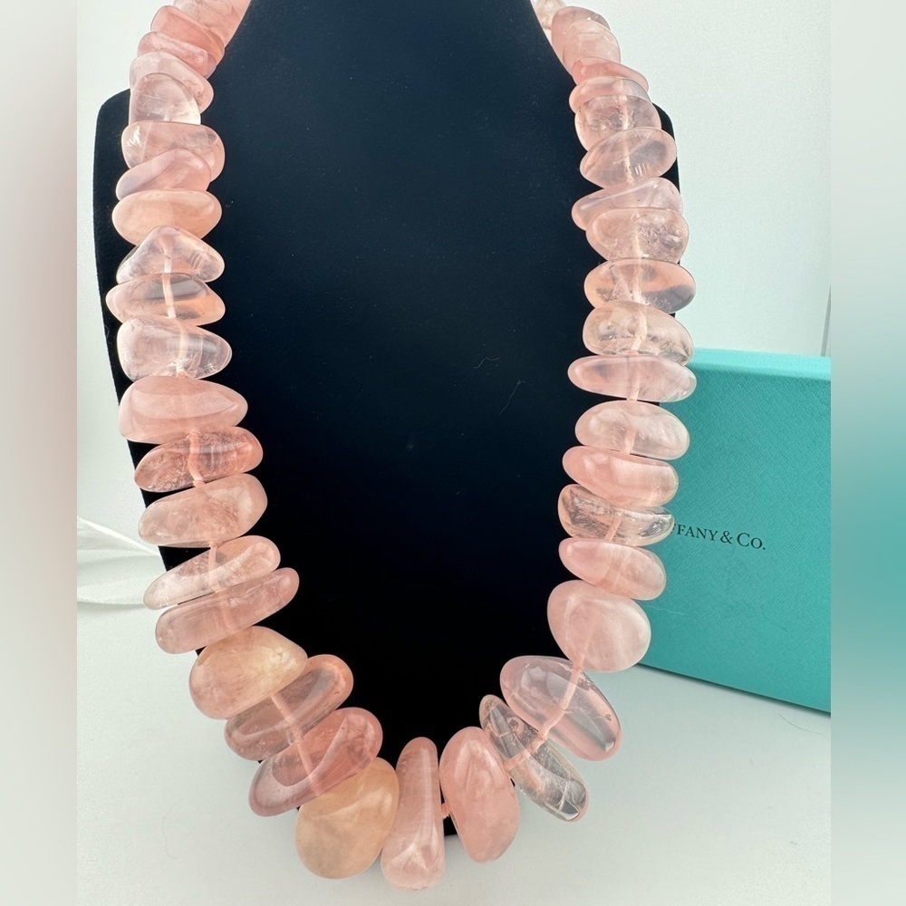 RARE Vtg. Tiffany & Co. Graduated Freeform Rondelle Rose Quartz Bead Necklace